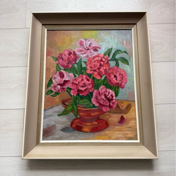 Vintage Painting Original Art Framed Floral Feminine Cottagecore Pink and Green - Picture 1 of 9